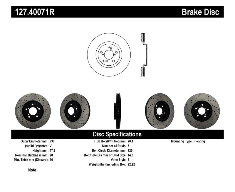 Stoptech 127.40071R 07-08 Acura MDX SportStop Slotted & Drilled Right Front Rotor