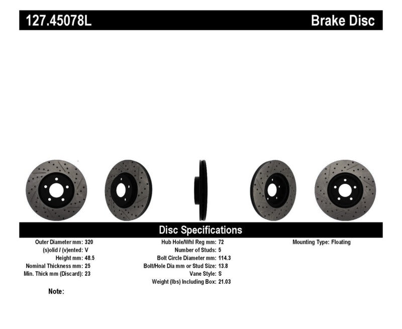 Stoptech 127.45078L 07-09 Mazda 3 Left Front Slotted & Drilled Rotors