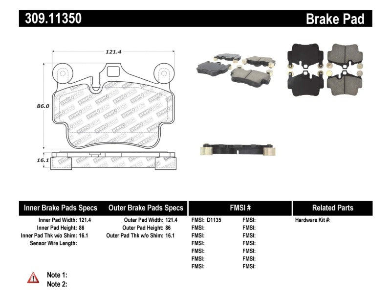 Stoptech 309.1135 Performance 09-10 Porsche Boxster / 08-10 Boxster S/Cayman / 05-08 911 Front Brake Pads
