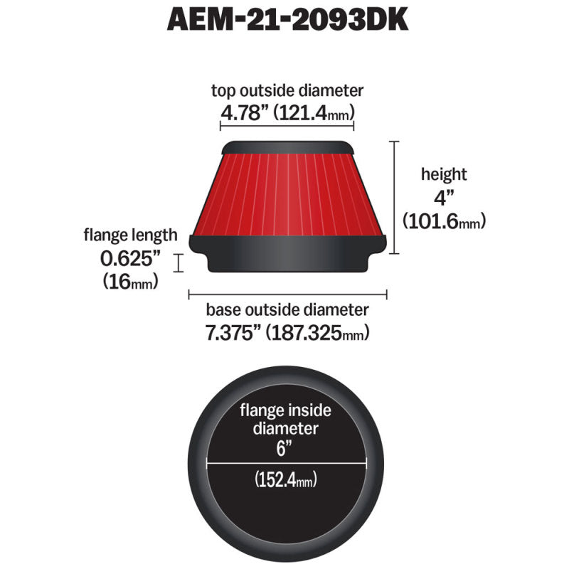 AEM 21-2093DK 6 inch x 4 inch DryFlow Tapered Conical Air Filter