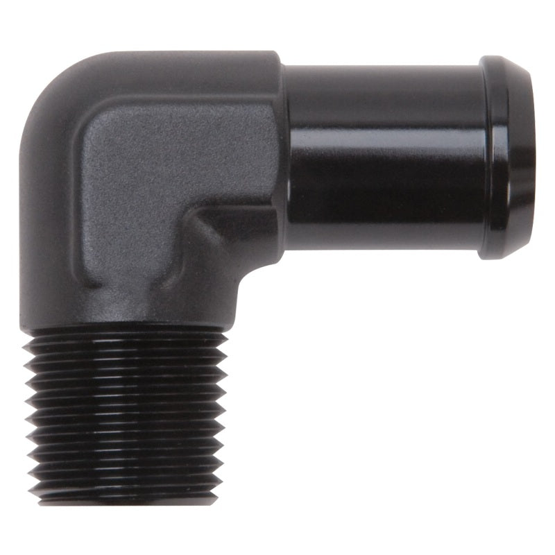 Edelbrock 8165 Hose End 90-Deg 1/2In NPT to 3/4In Barb Black Anodize