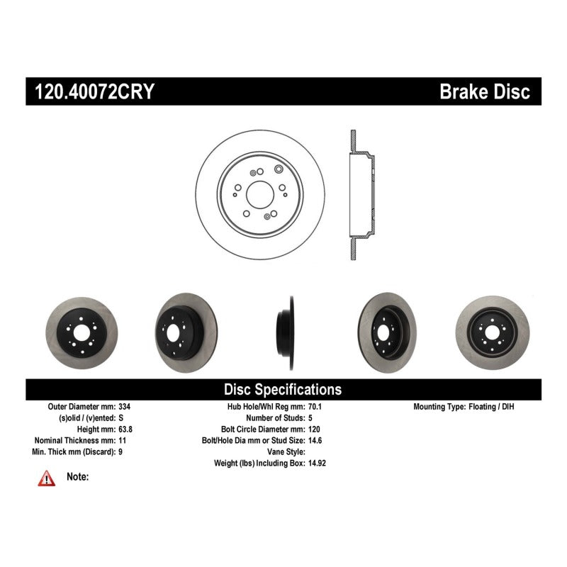 Stoptech 120.40072CRY 09-15 Honda Pilot / 11-17 Honda Odyssey Rear Premium CryoStop Brake Rotor