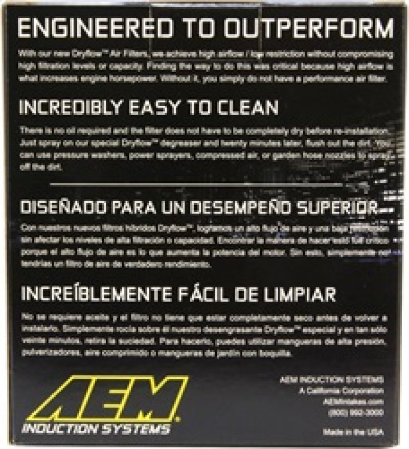 AEM 21-202D-HK DryFlow Air Filter AIR FILTER KIT 2.75in X 5in DRYFLOW- W/HOLE