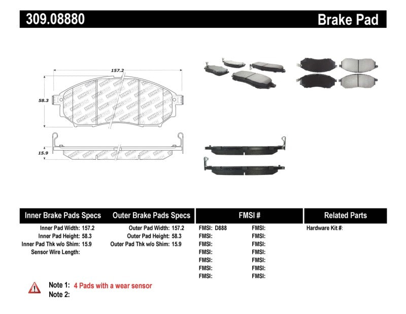 Stoptech 309.0888 Performance 06-08 350Z w/ Std Brakes / 06-08 Infiniti G35 Front Brake Pads