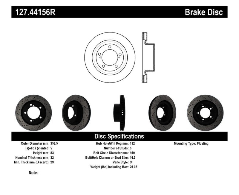 Stoptech 127.44156R 07-09 fits Toyota Tundra / 08-09 Toyota Sequoia Front Right Slotted & Drilled Rotor