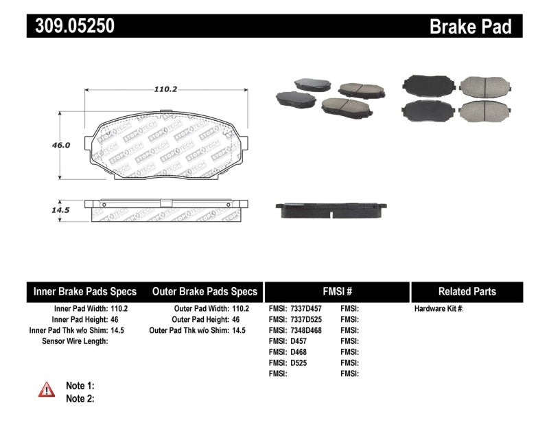 Stoptech 309.0525 Performance 90-93 fits Mazda Miata Front Brake Pads D525