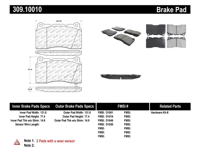 Stoptech 309.1001 Performance 04-07 STi / 03-06 Evo / 08-10 Evo / 10+ fits Camaro Front Brake Pads