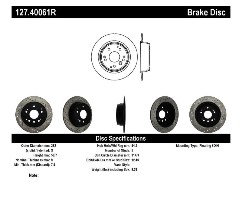 Stoptech 127.40061R 04-08 Acura TL / 03-09 Honda Element Slotted & Drilled Right Rear Rotor
