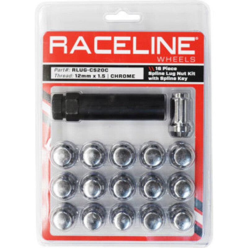 Raceline RLUG-CS20C Spline Lug Nut Kit with Spline Key 12 x 1.5 - 16 Pack - Chro