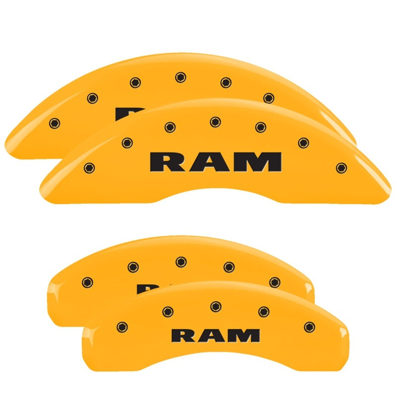 MGP 55006SRAMYL 4 Caliper Covers Engraved Front & Rear 2019 Ram 1500 Yellow Finish Black fits RAM Logo