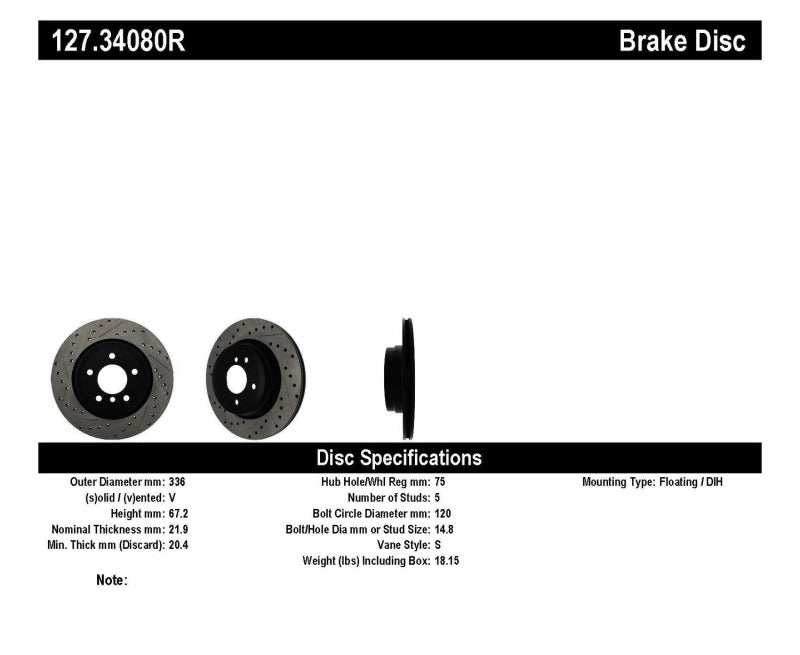 Stoptech 127.34080R 06 fits BMW 330 / 07-09 BMW 335 Slotted & Drilled Right Rear Rotor