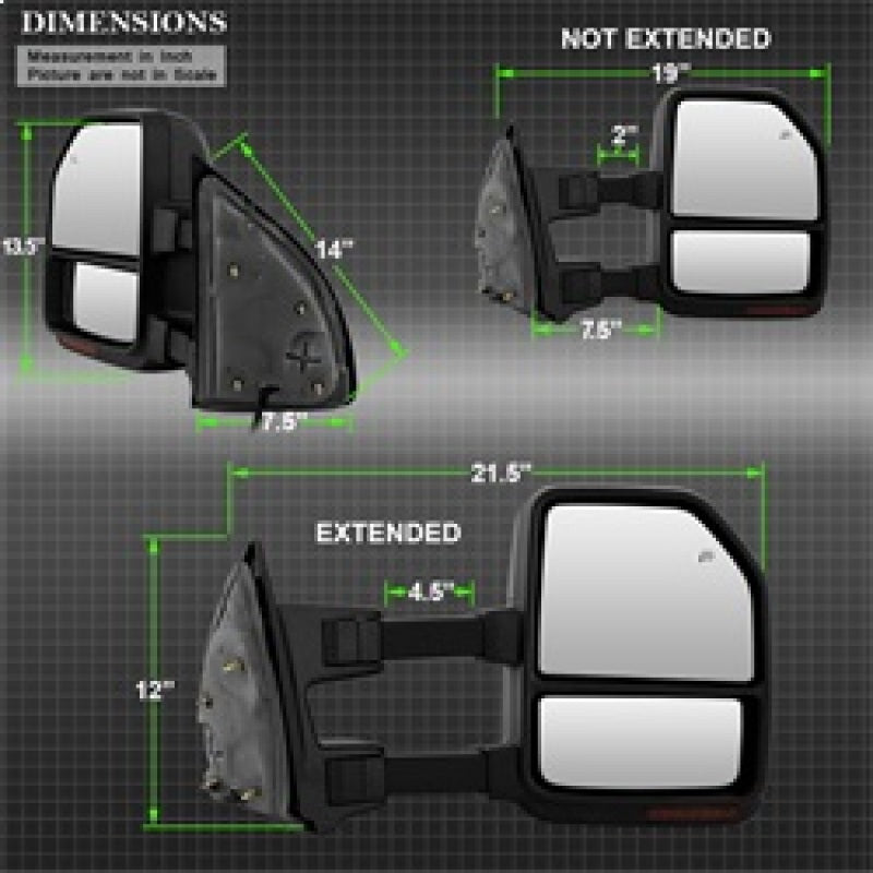 xTune 9943157 99-07 fits Ford SuperDuty Heated LED Telescoping Pwr Mirrors-Smk