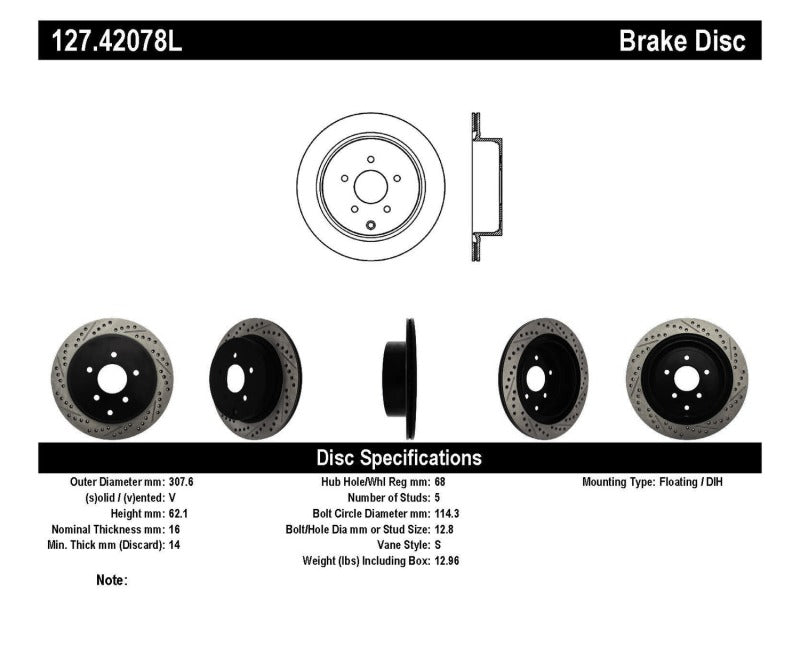Stoptech 127.42078L Slotted & Drilled Sport Brake Rotor