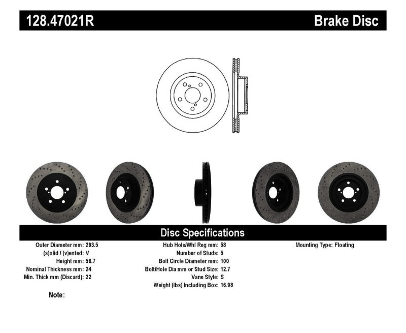 Stoptech 128.47021R Drilled Sport Brake Rotor