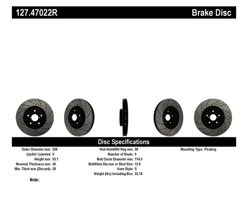 Stoptech 127.47022R 05-10 fits Subaru Impreza WRX/STi Slotted & Drilled Right Front Rotor
