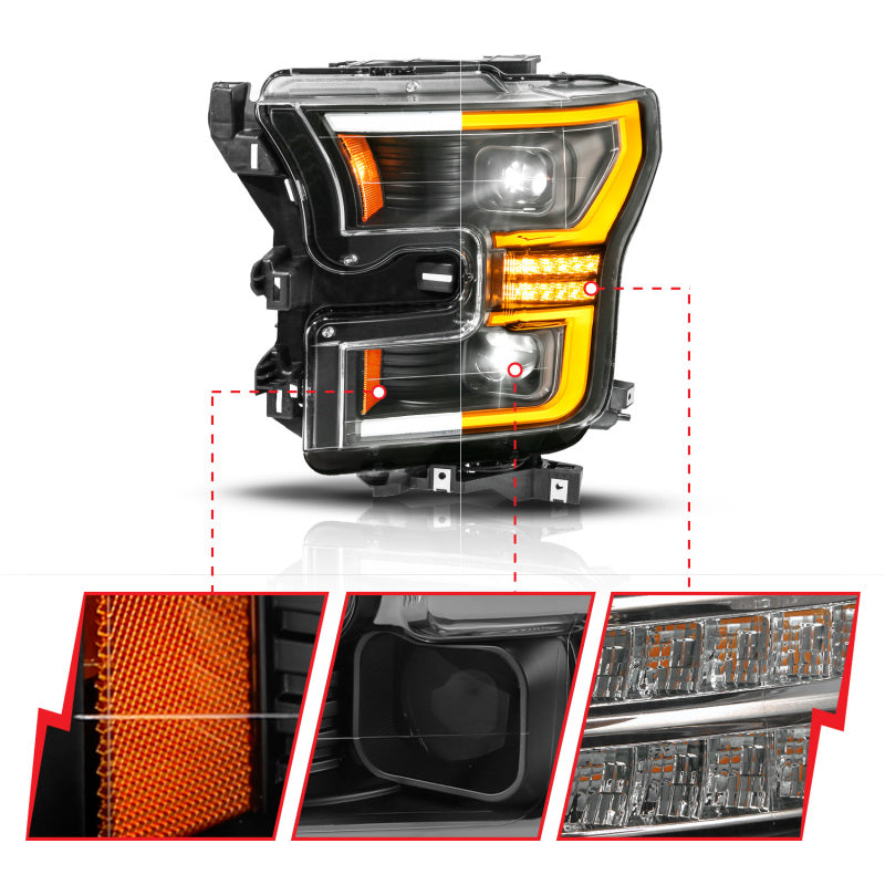 ANZO 111630A 15-17 fits Ford F-150 (Factory Halogen Model ONLY) Full LED Proj Headlights Init/SeqSig Black- Pair