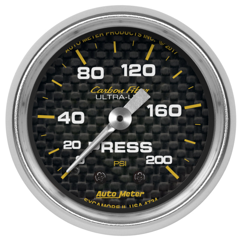 AutoMeter 4734 Autometer Carbon Fiber 2-1/16in Mechanical 0-200 PSI Pressure Gauge