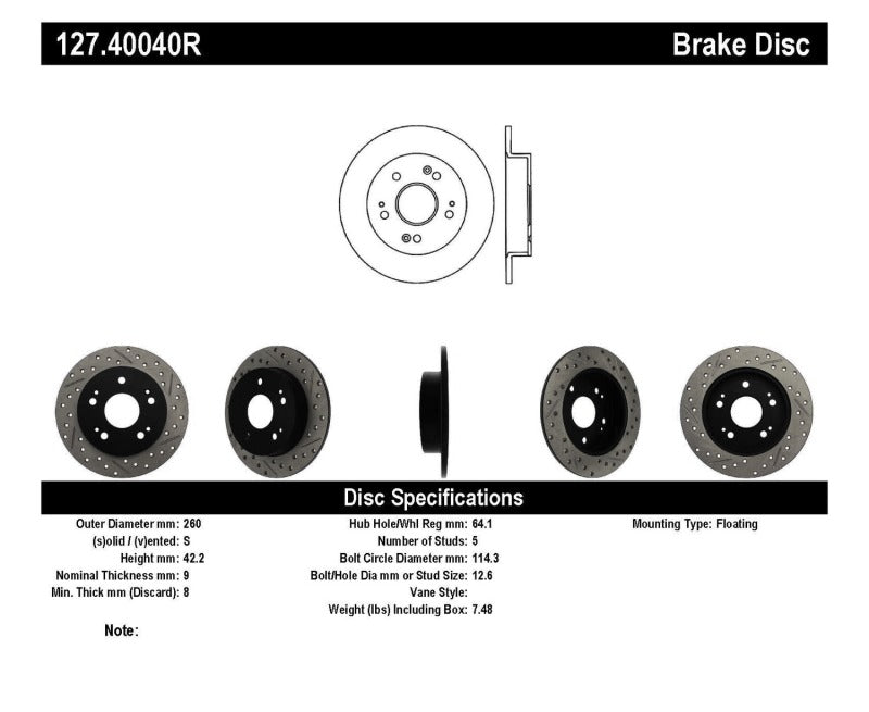 Stoptech 127.40040R 06-09 fits Honda Civic Ex/Si Slotted & Drilled Right Rear Rotor