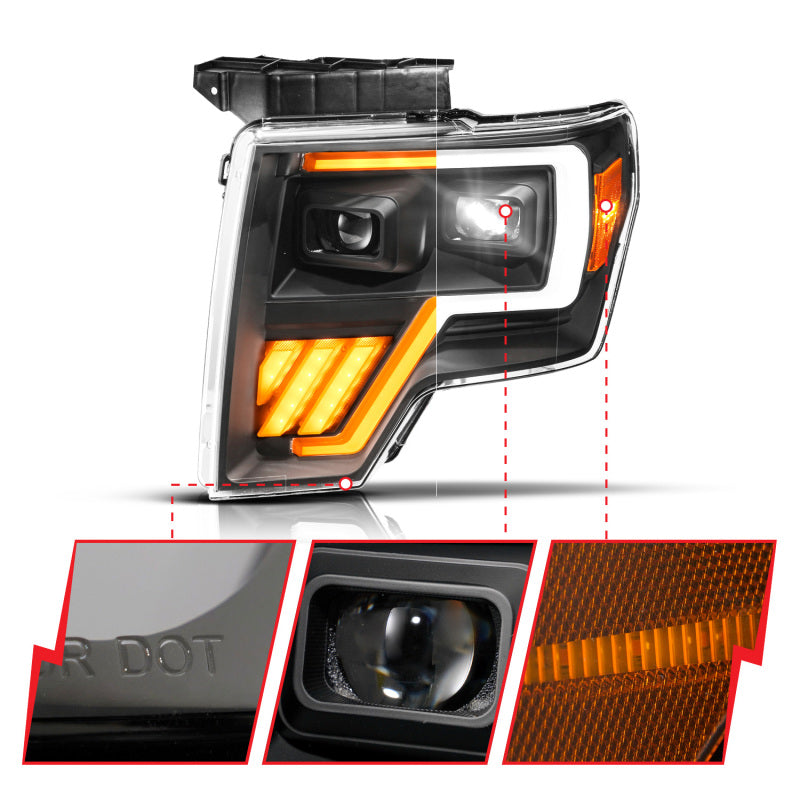 ANZO 111629A 09-14 fits Ford F-150 (Factory Halogen Model ONLY) Full LED Proj Headlights Init/SeqSig Black - Pair