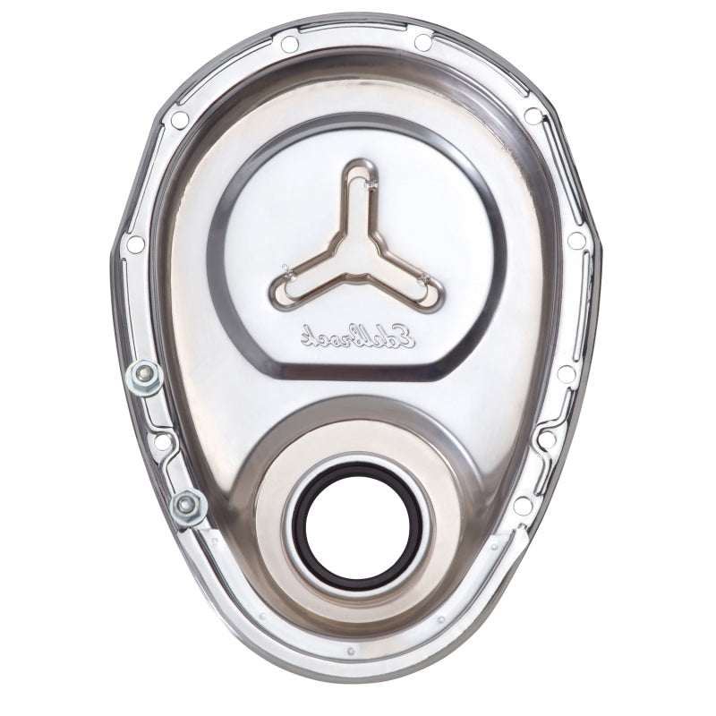 Edelbrock 4860 Timing Cover SB-fits Chevy Chrome w/ Welded Reinforcement Plate