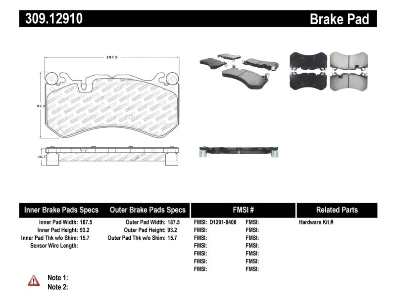 Stoptech 309.1291 Mercedes Benz Front Performance Brake Pads