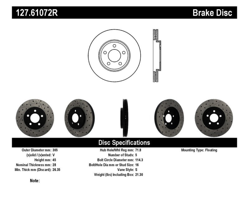 Stoptech 127.61072R 03-09 Lincoln Town Car / 03-09 Mercury Grand Marquis Front Right Slotted & Drilled Rotor