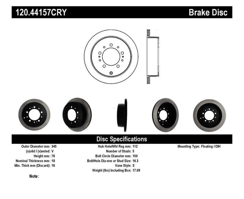 Stoptech 120.44157CRY 08-17 fits Toyota Land Cruiser / 08-17 Lexus LX Rear Premium Cryo Rotor