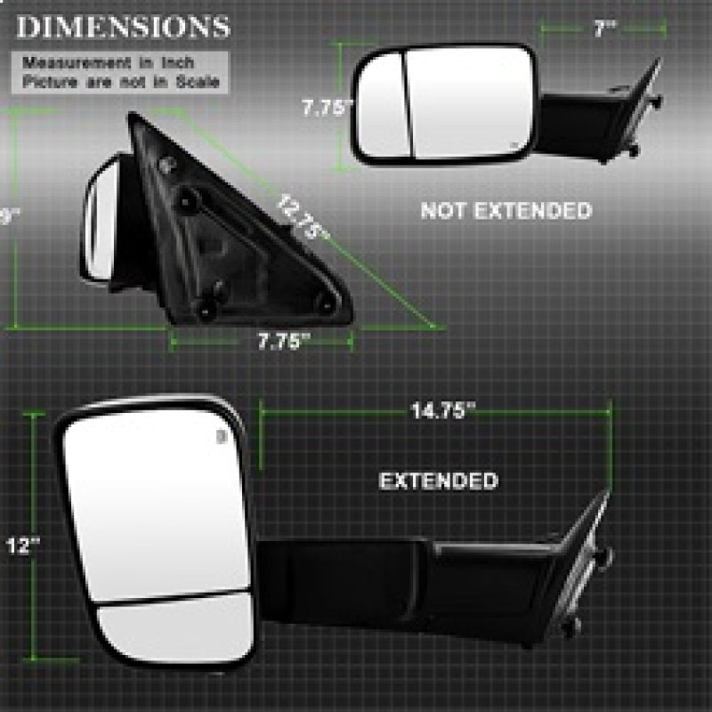 9935596 Xtune fits Dodge 09-12 Ram 1500 Extendable Heated Adjust Mirror Black