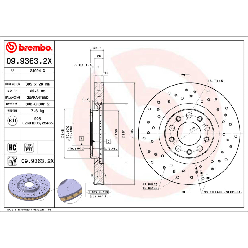 Brembo OE 09.9363.2X 16 17 fits Chrysler 200/13-16 Dodge Dart Friction Brake Dis