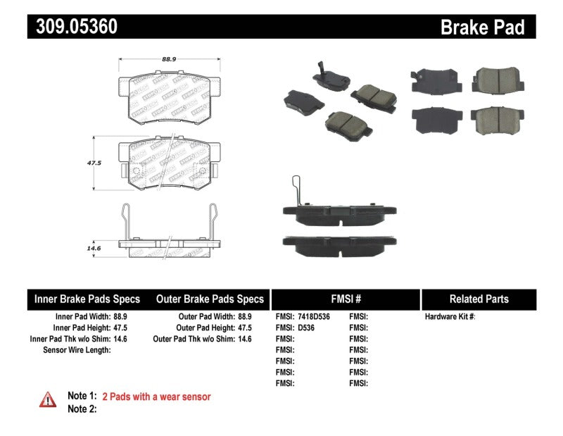 Stoptech 309.0536 Performance 08-10 fits Honda Accord EX/EX-L Coupe / 08-10 LX/LX-P/LX+ Sedan Rear Brake Pads