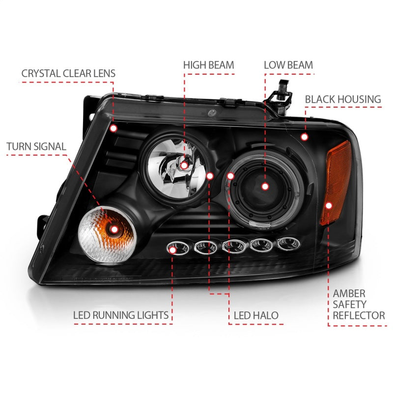 ANZO 111028 2008 fits Ford 04-20 F-150 Projector Headlights w/ Halo and LED Black