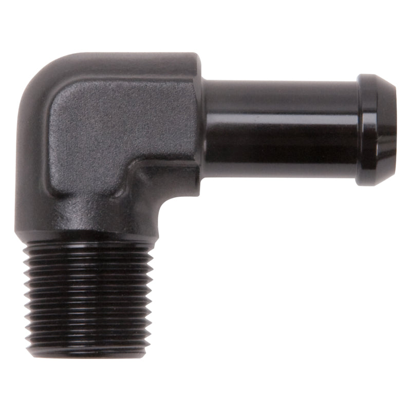 Edelbrock 8163 Hose End 90-Degree 3/8In NPT to 1/2In Barb Black Anodize