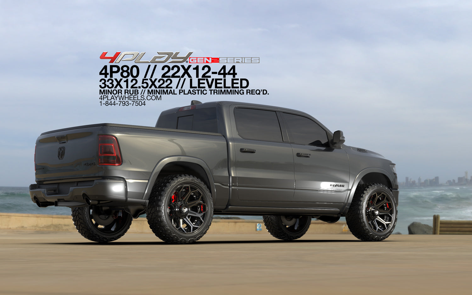 4PLAY 4P80R-22120-6D55-44BBT Gen2 22x12 6x135mm & 6x5.5" -44et in Brushed Black