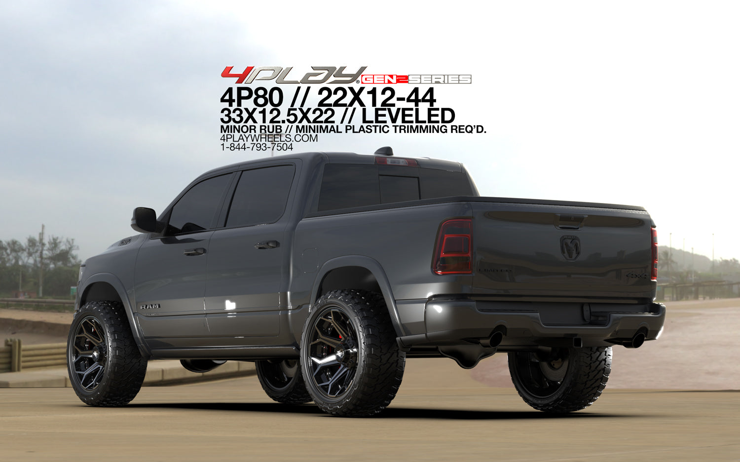 4PLAY 4P80R-22120-6D55-44BBT Gen2 22x12 6x135mm & 6x5.5" -44et in Brushed Black