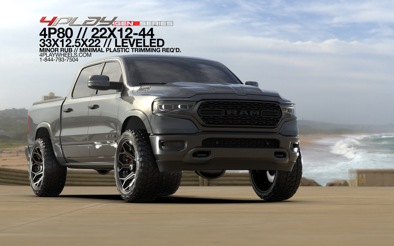 4PLAY 4P80R-22120-6D55-44BBT Gen2 22x12 6x135mm & 6x5.5" -44et in Brushed Black
