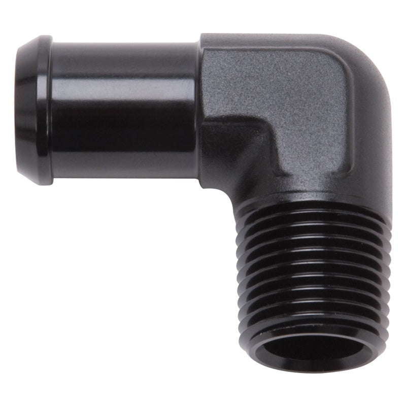 Edelbrock 8180 Hose End 90-Deg 1/2In NPT to 1/2In Barb Black Anodize