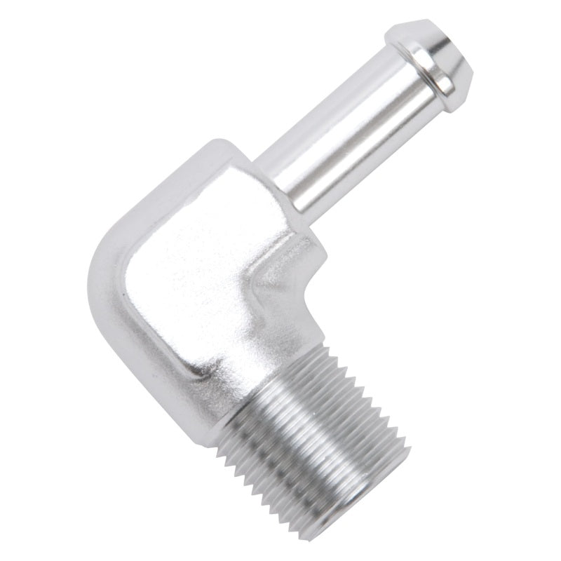 Edelbrock 8168 Hose End 90-Deg 3/8In NPT to 3/8In Barb Clear Anodize