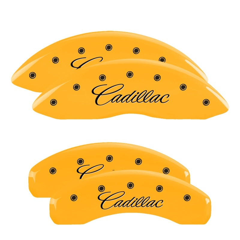 MGP 35028SCADYL 4 Caliper Covers Engraved F & R Cursive/fits Cadillac Yellow Fin