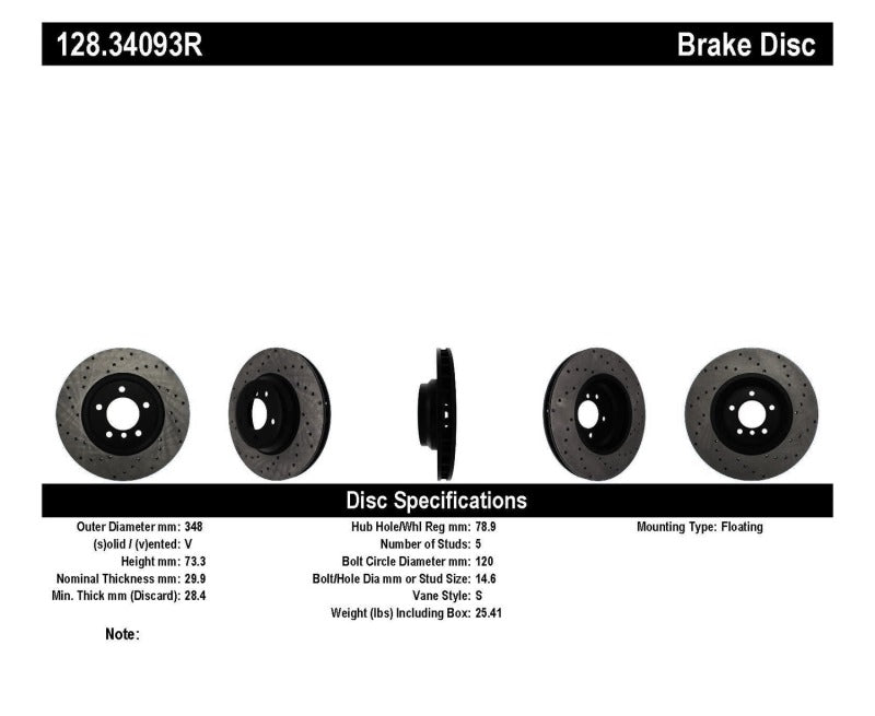Stoptech 128.34093R 07-10 BMW 335i Cross Drilled Right Front Rotor
