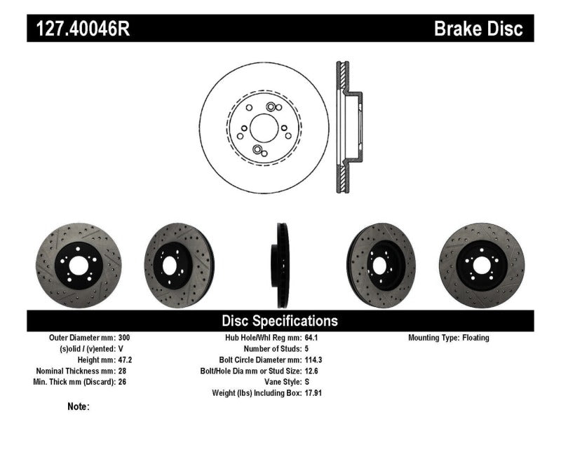 Stoptech 127.40046R Nissan 370Z / 01-03 Acura CL / 06 EL / 04-09 TSX / 03-07 Honda Accord Coupe M/T / 05-08 Se