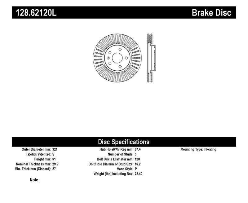 Stoptech 128.62120L Drilled Sport Brake Rotor