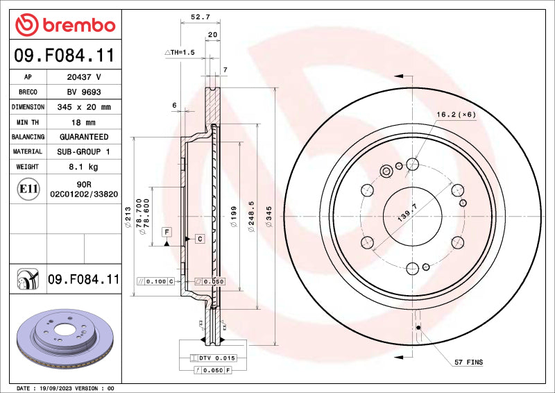 Brembo OE 09.F084.11 21 22 fits Cadillac Escalade/2022 GMC Sierra 1500/21-22 Yuk