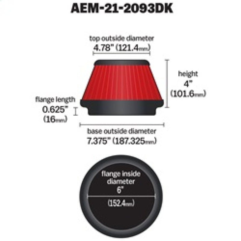 AEM 21-2093DK 6 inch x 4 inch DryFlow Tapered Conical Air Filter