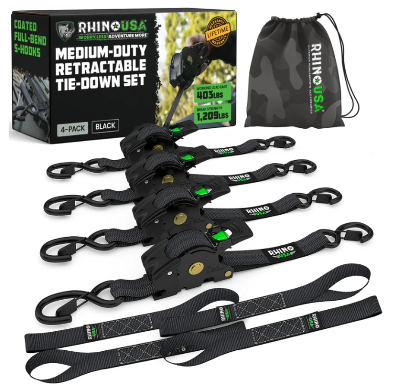 Rhino USA TD-RSRE1X10-BLK-R Retractable Ratchet Straps (4Pk 1Inx10Ft) (Black)