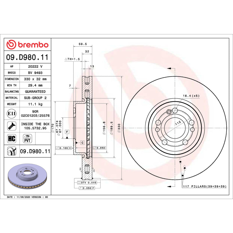 Brembo OE 09.D980.11 20 23 fits Mercedes-Benz GLE350/20-21 GLE450/GLE580 UV Coat