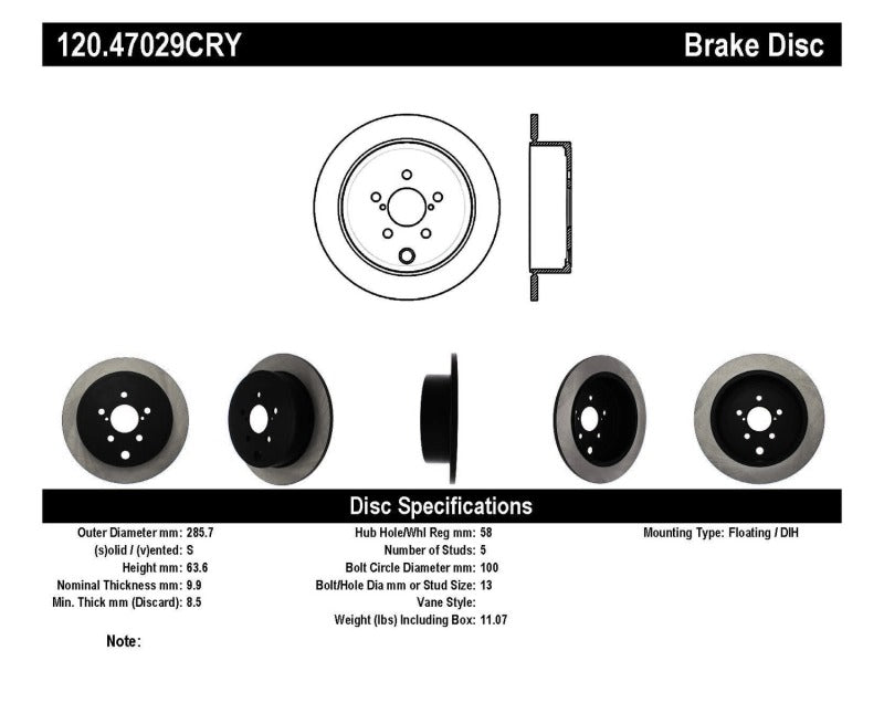 Stoptech 120.47029CRY 09-10 fits Subaru Forester / 08-10 Impreza/WRX Rear CRYO-STOP Rotor