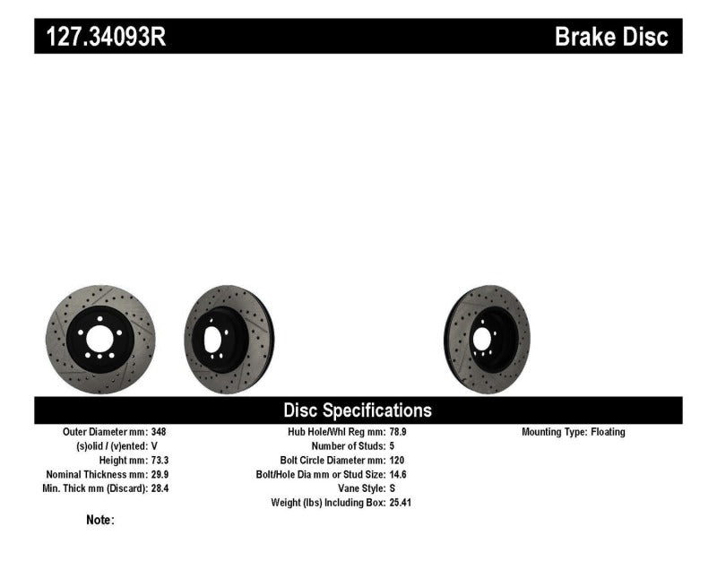 Stoptech 127.34093R 07-09 fits BMW 335 (E90/E92/E93) Slotted & Drilled Right Front Rotor
