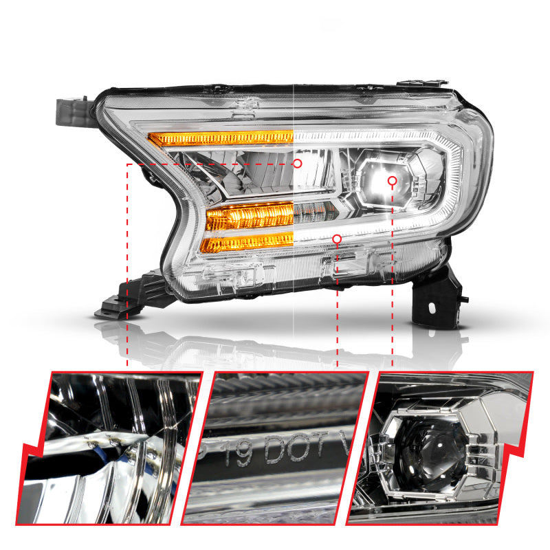ANZO 111633A 19-23 fits Ford Ranger (Factory Halogen Models) Full LED Proj Headlights DRL/SeqSig Chrome - Pair