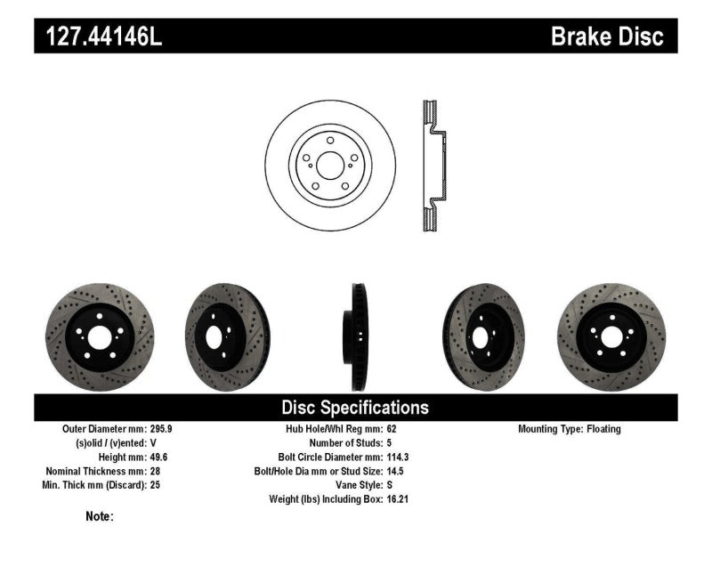 Stoptech 127.44146L 07-09 Lexus ES 250/ES 300/ ES330/ES350 SportStop Slotted & Drilled Left Front Rotor
