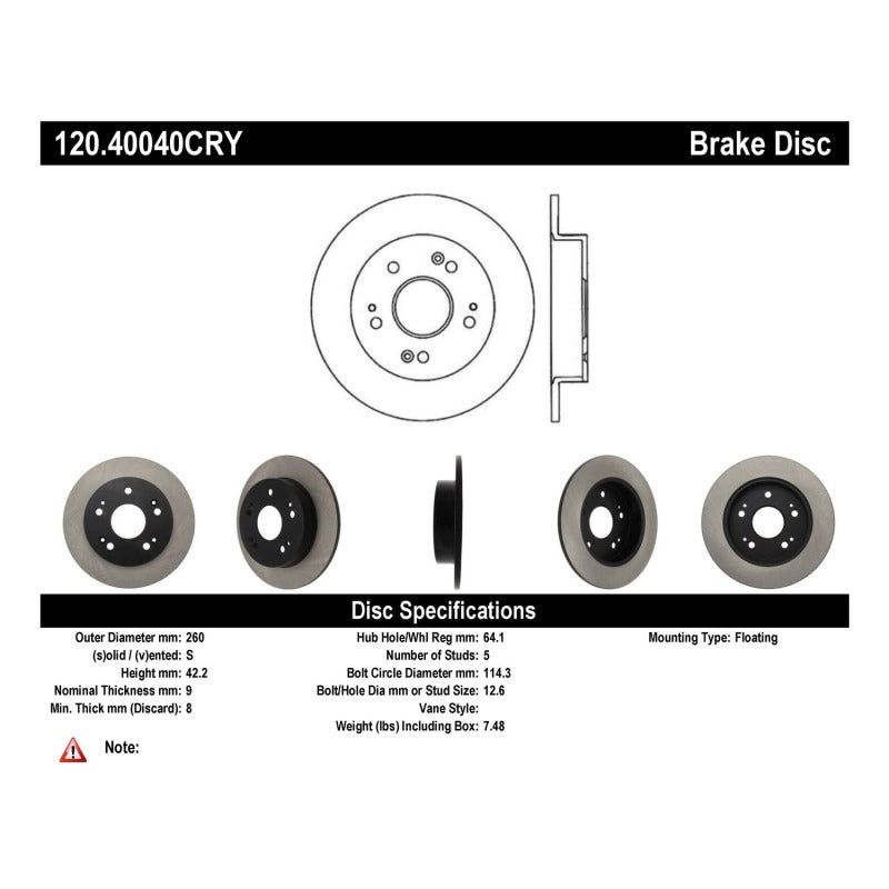 Stoptech 120.40040CRY Honda 99-01 Prelude / 06-13 Civic Si / 13-14 Acura ILX Rear Performance Cryo Rotor